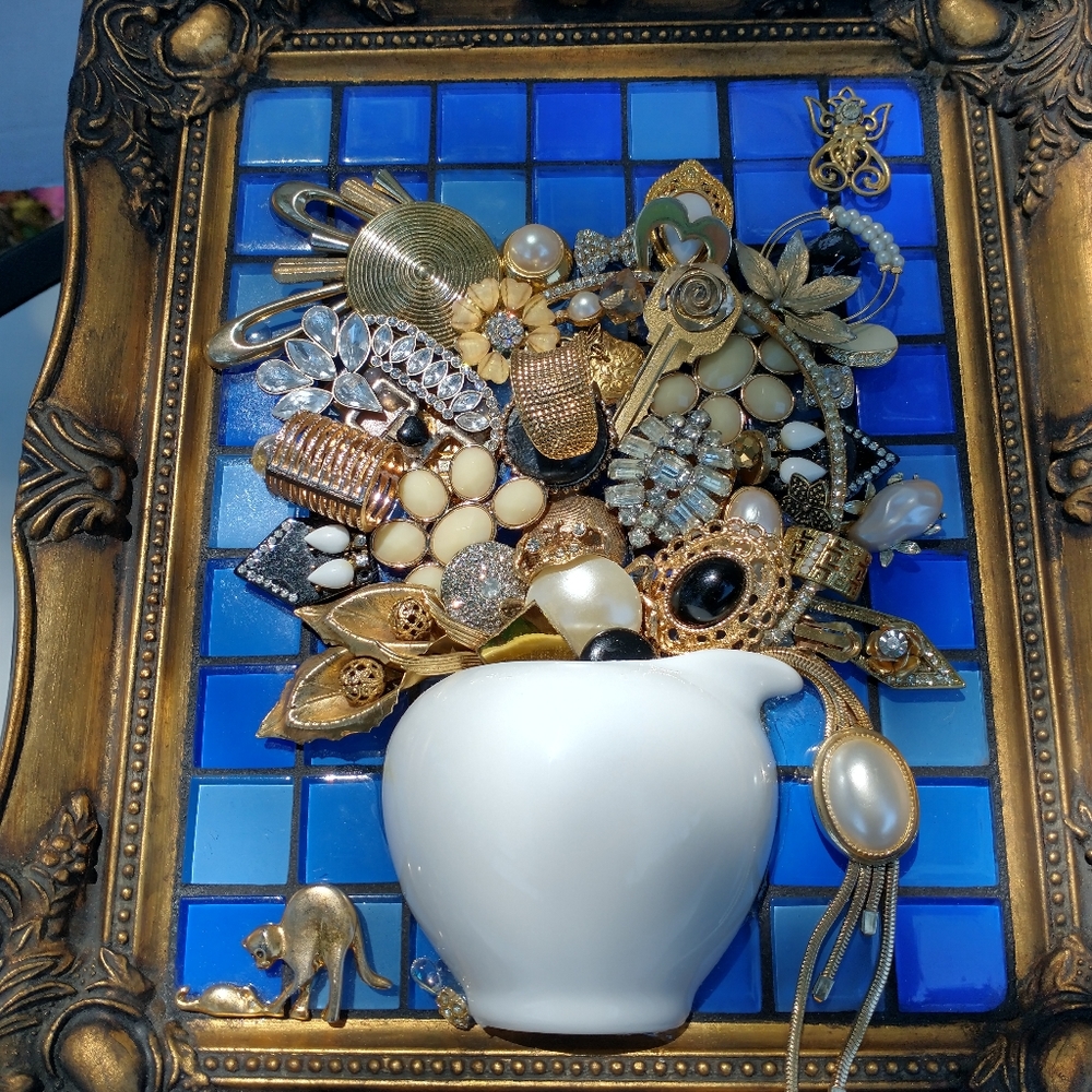 Wall Decor Gold jewelry framed vintage upcycled hand crafted mixed media Art